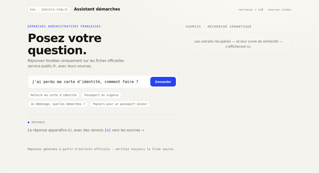 RAG assistant: question, grounded answer and a live sources panel with similarity scores